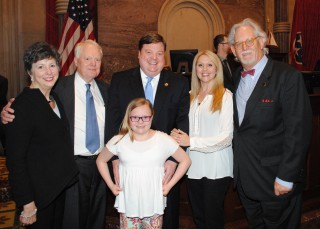 Newly confirmed Judge Dyer and his family, with Judge Williams