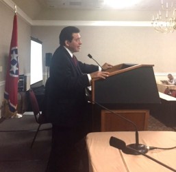 Belmont University College of Law Dean and former U.S. Attorney General Alberto Gonzales provides opening remarks to the judges.