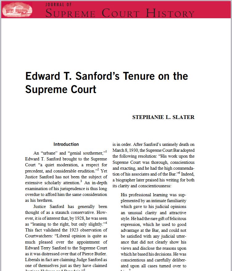 Stephanie Slater's article appears in the July issue of the Journal of Supreme Court History. 