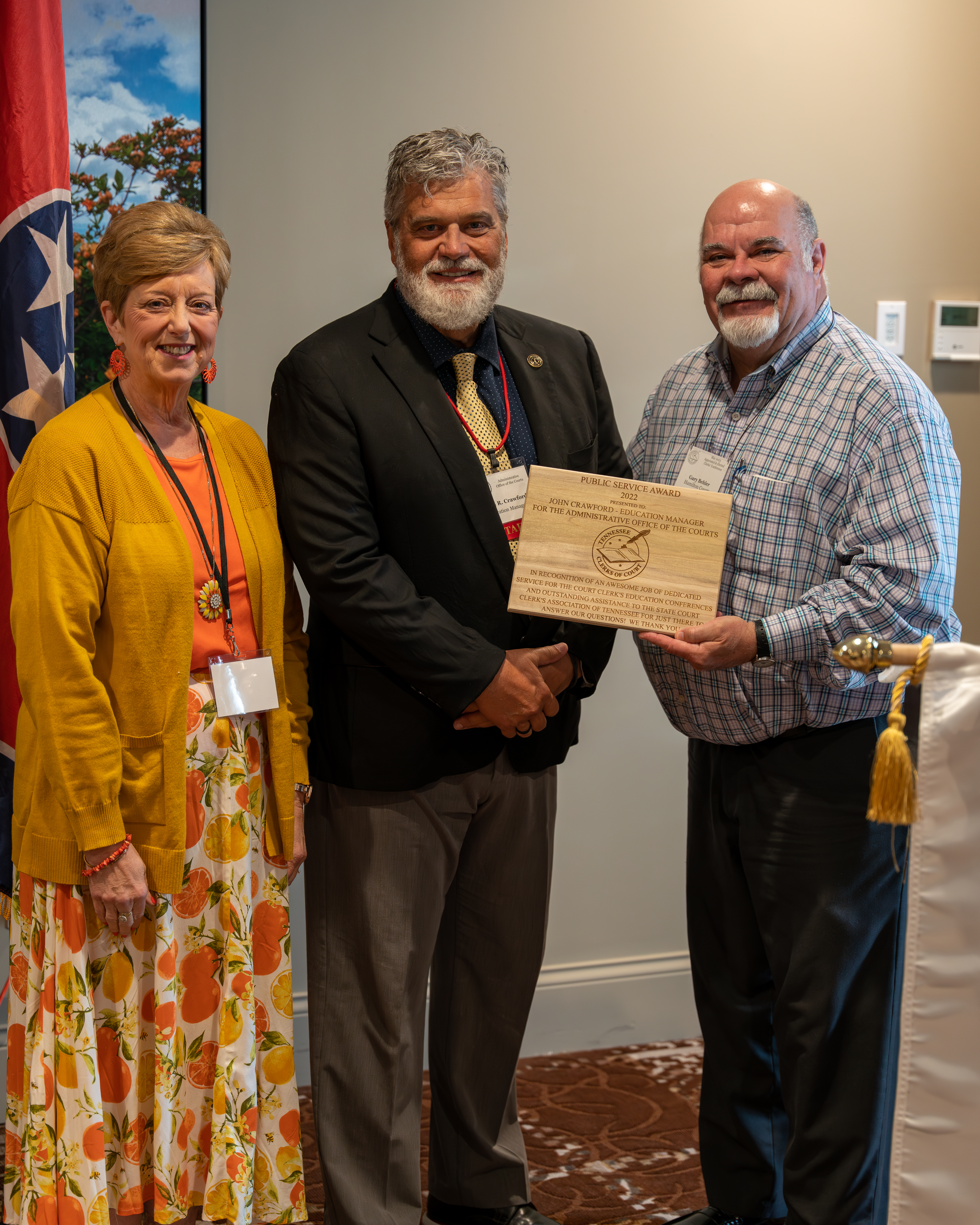 Rebecca Bartlett Carpenter, Clerk and Master of Lincoln County and current Clerks Conference President; John Crawford, AOC Education Manager and Gary Behler, Juvenile Court Clerk of Hamilton County and 2022 Conference President.