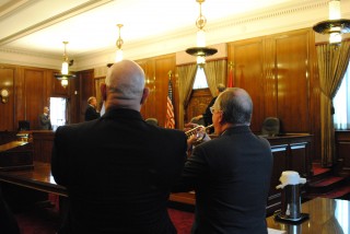 Steven H. Smartt, left, and Robert Early perform the Star-Spangled Banner.