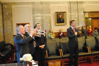 Robert Early , left and Steven H. Smartt perform the Star-Spangled Banner.