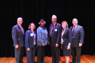 Chief Justice Wade, Justice Clark, Mrs Harper, Cmmdr. George Harper, Jr., Justice Lee, and Justice Koch.
