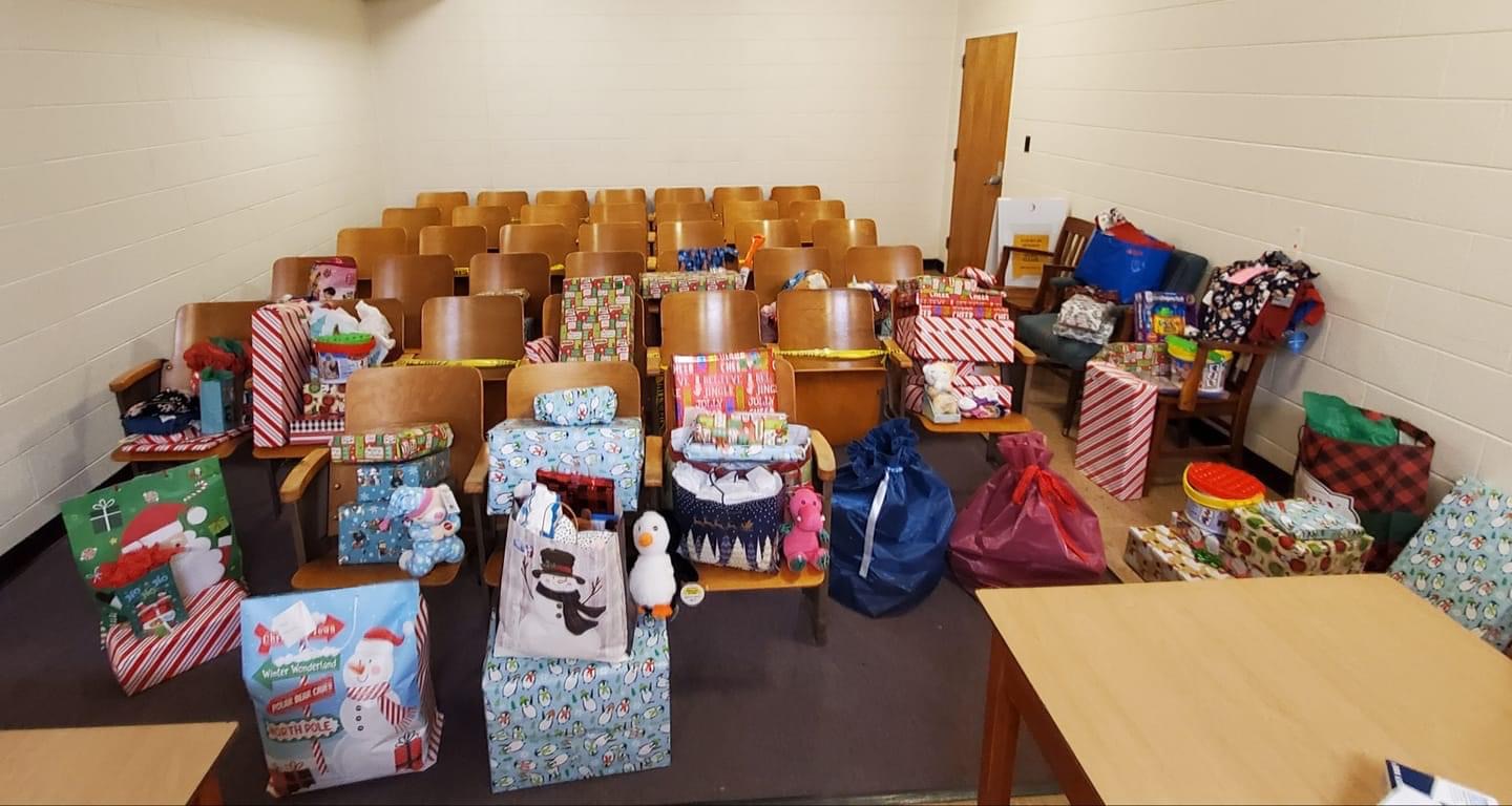 Gifts collected by the Johnson County Safe Baby Court await distribution in a courtroom at the Johnson County Courthouse