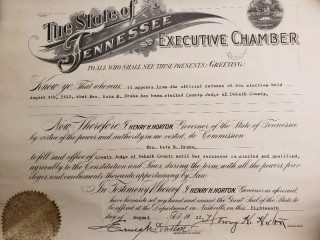 The original election certificate signed by Governor Henry H. Horton that was sent to Judge Kate Drake following her election to the bench in August 1932 (Photo courtesy of Katherine Vines Trumbull)