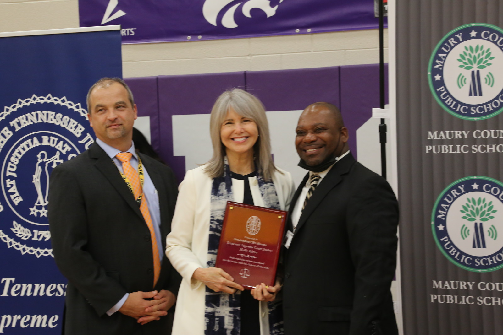 Maury County Schools Superintendent Michael Hickman, Justice Holly Kirby, and Columbia Central High School Principal Kevin Eady