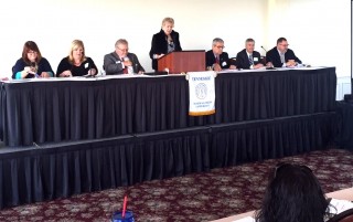 A panel of municipal judges discussing Codes at the TMJC seminar in Nashville, April 12th.  (left to right) Judge Lynda Jones, Nashville, Judge Barbara Medley, Lewisburg, Judge Paul Plant, Saint Joseph, Judge Blair Morgan, Spring Hill, Judge Chuck Doerflinger, Loretto, Judge Ben Boston, Lawrenceburg, and Judge Thomas DuBois,Columbia.