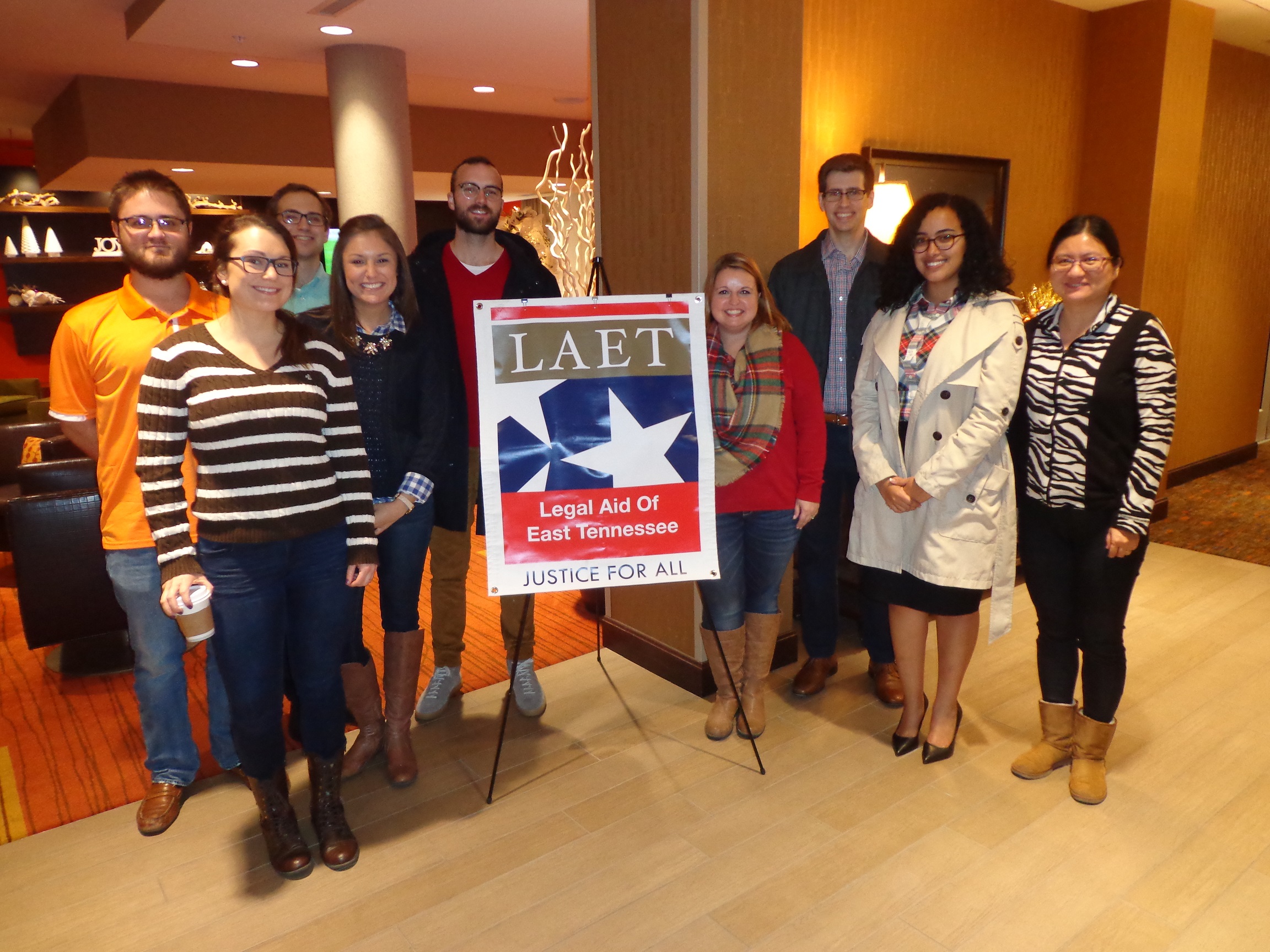 Law student volunteers provide client intake at a recent disaster relief legal advice clinic in Gatlinburg. Pictured (from left) are Keaton Murphy, Brittani Brooks, Brian Wilson, Ashley Zepeda, Reece Brassler, Emma Steel, Tyler Brown, Julia Hale, and Caitlyn Sun, from University of Tennessee and University of Memphis School of Law. not pictured: Savannah Dabney